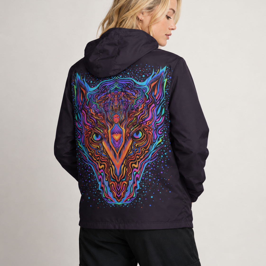 The Creature windbreaker by TotemTree: unisex festival jacket with an all-over art print