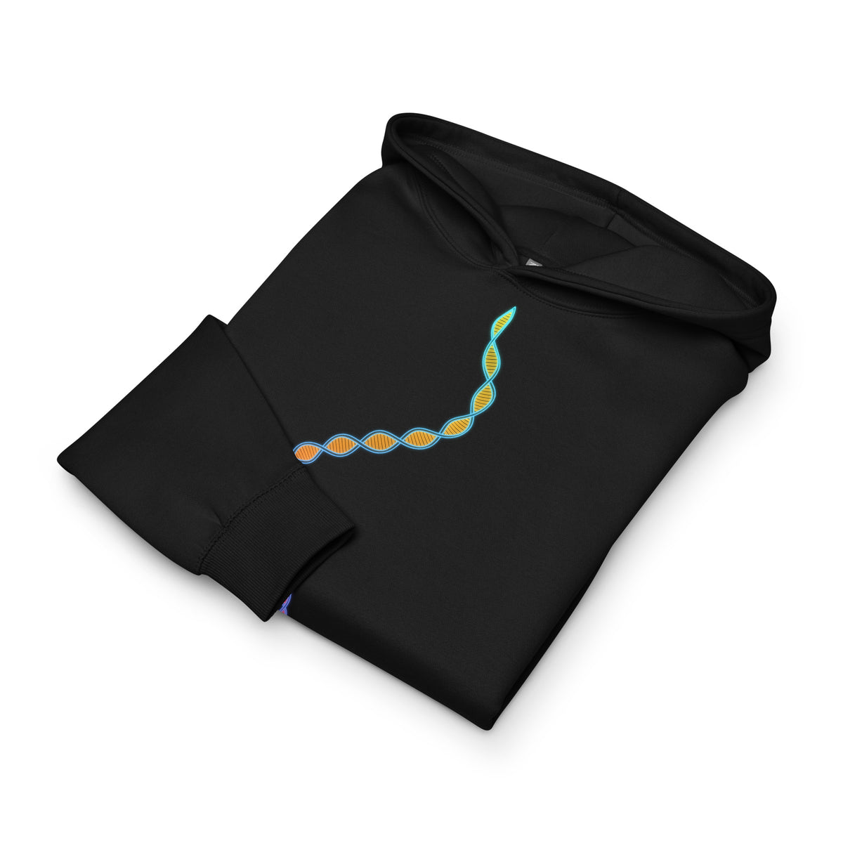 DNA Matrix box hoodie in Black, folded: the double helix in cyan, yellow and orange across the chest
