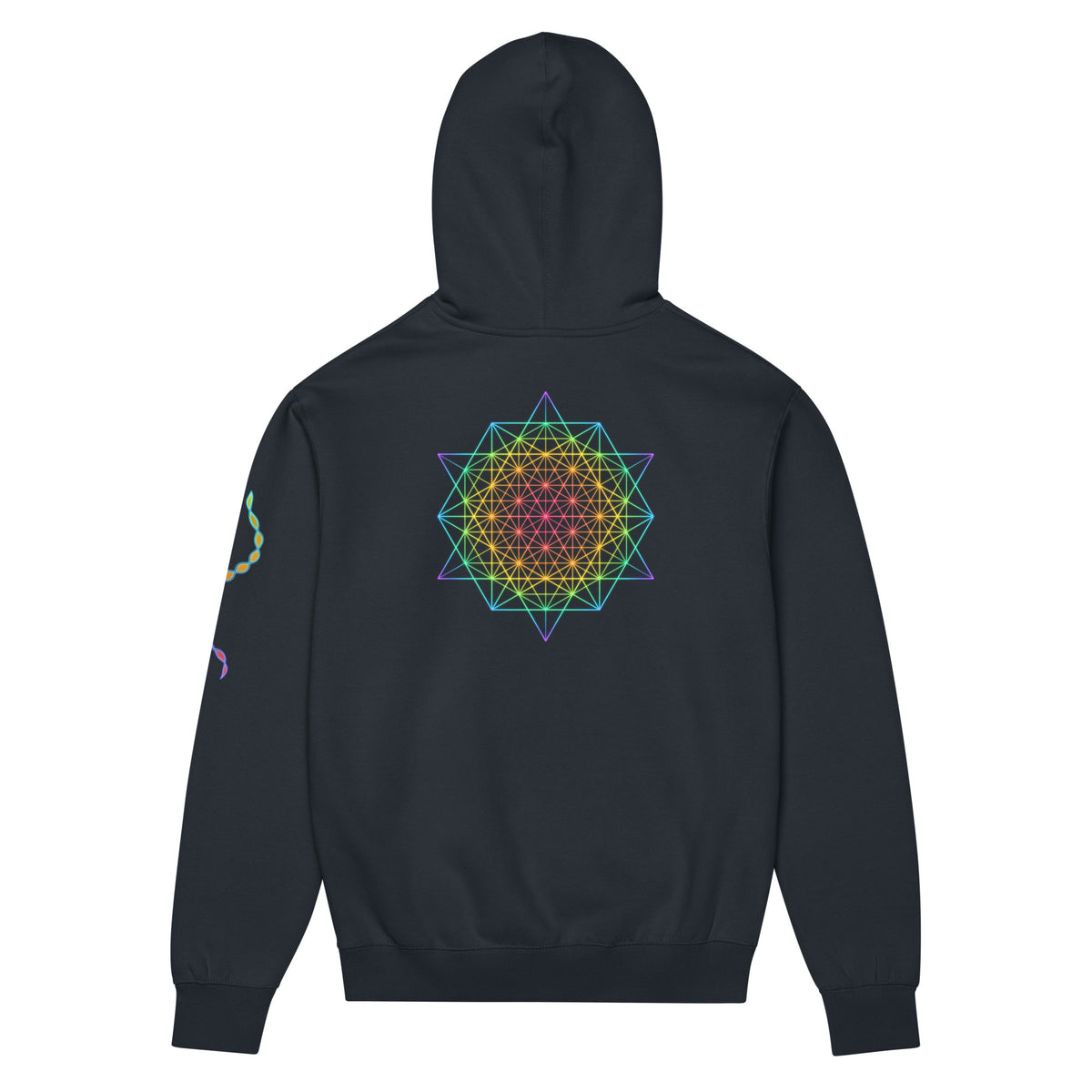 DNA Matrix box hoodie in Navy Blazer, back view: rainbow star-shaped line grid on the upper back, helix on the left sleeve