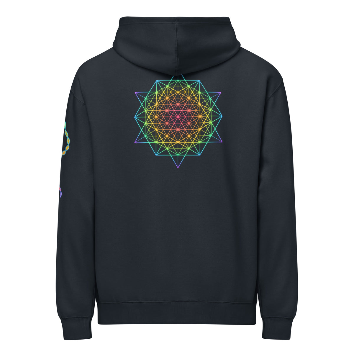 DNA Matrix box hoodie in Navy Blazer, back view: rainbow star-shaped line grid on the upper back, helix on the left sleeve