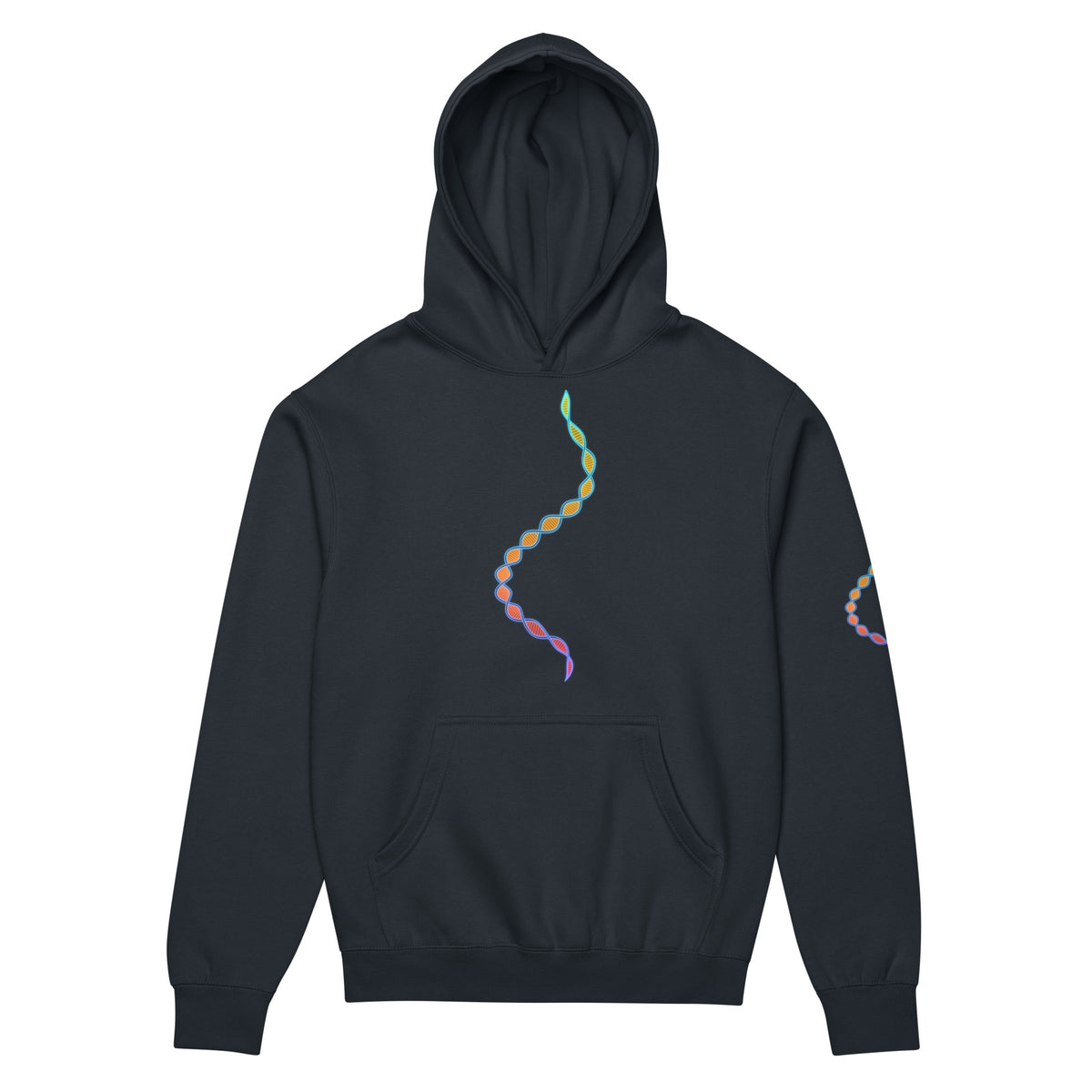 DNA Matrix box hoodie in Navy Blazer, front view: double helix in cyan, yellow, orange, red and violet down the chest