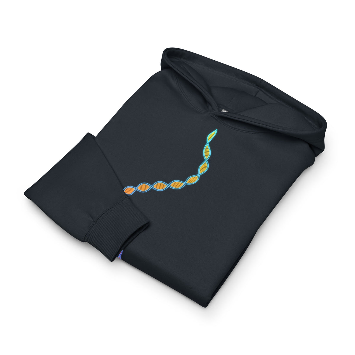 DNA Matrix box hoodie in Navy Blazer, folded: the double helix in cyan, yellow and orange across the chest