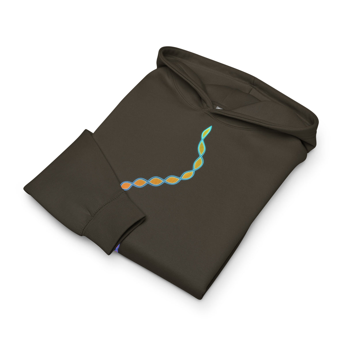 DNA Matrix box hoodie in Vintage Black, folded: the double helix in cyan, yellow and orange across the chest