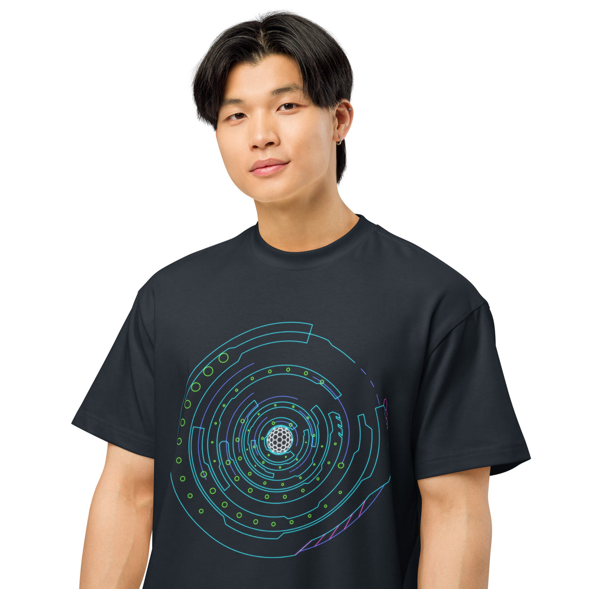 Hex Core cotton box t-shirt in Navy Blazer, close front view on a model: white hexagon sphere inside turquoise rings