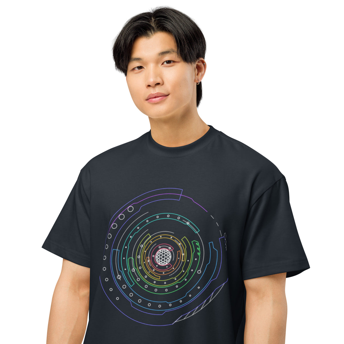 Hex Core Rainbow cotton box t-shirt in Navy Blazer, close front view on a model: white hexagon sphere in a red ring