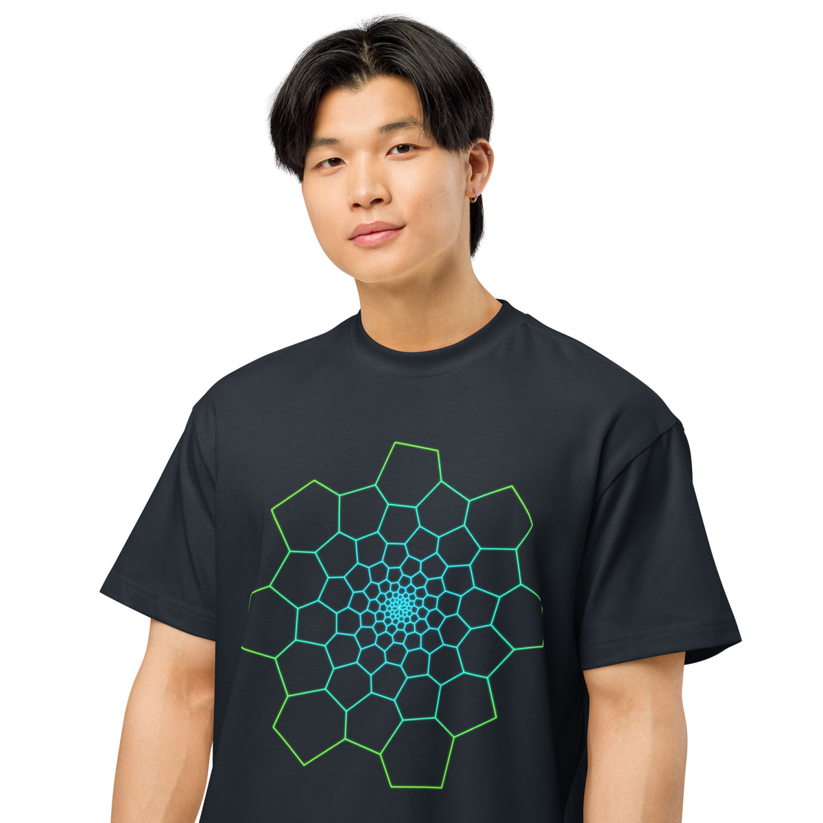 Fibonacci Sequence 1 cotton box t-shirt in Navy Blazer, close front view on a model: green and cyan spiral of cells
