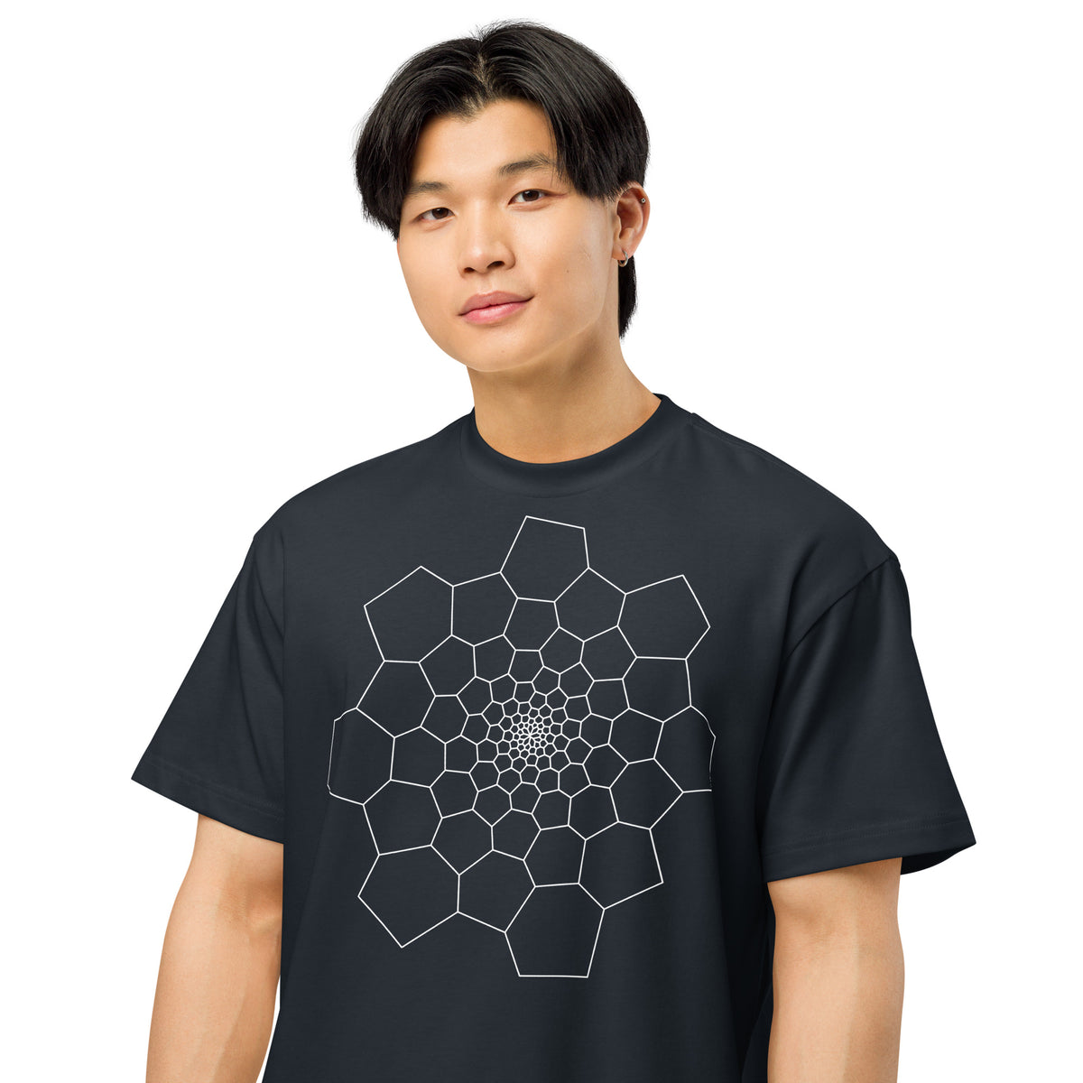 Fibonacci Sequence 1 B&W cotton box t-shirt in Navy Blazer, close front view on a model: white spiral of cells