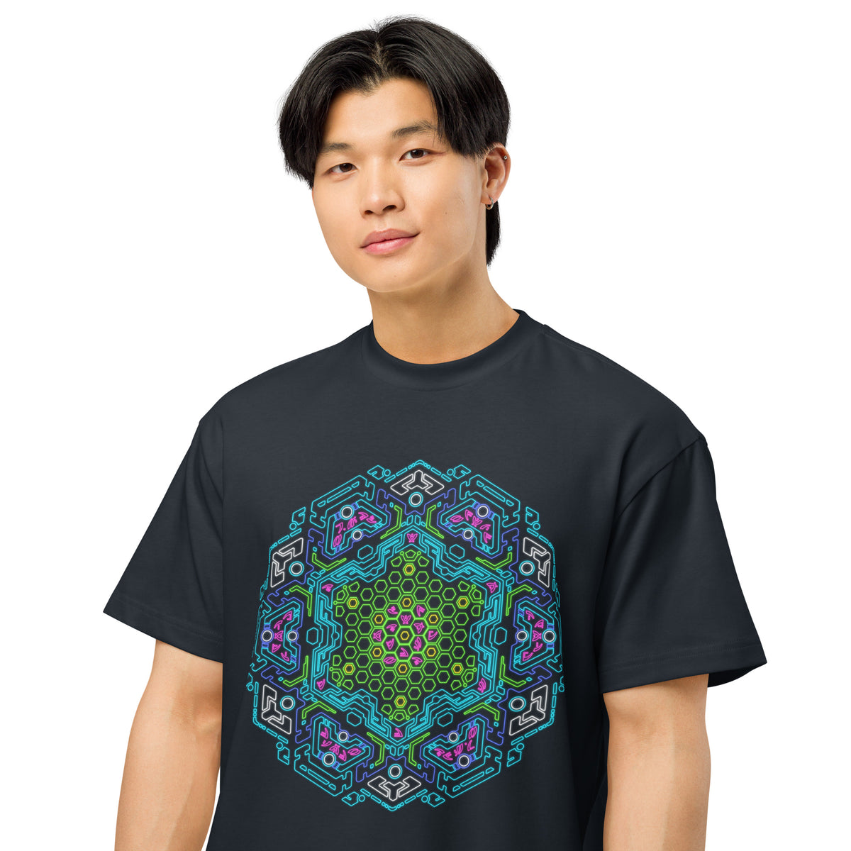Neural Program Turquoise cotton box t-shirt in Navy Blazer, close front view on a model: green and turquoise mandala