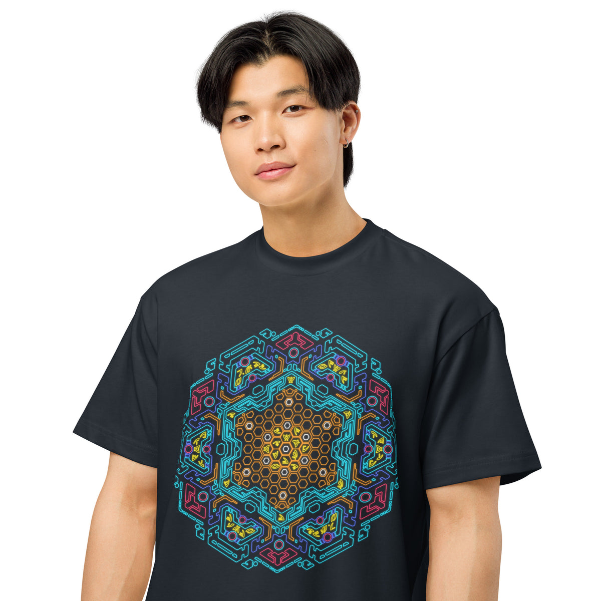 Neural Program Gold cotton box t-shirt in Navy Blazer, close front view on a model: gold and turquoise mandala