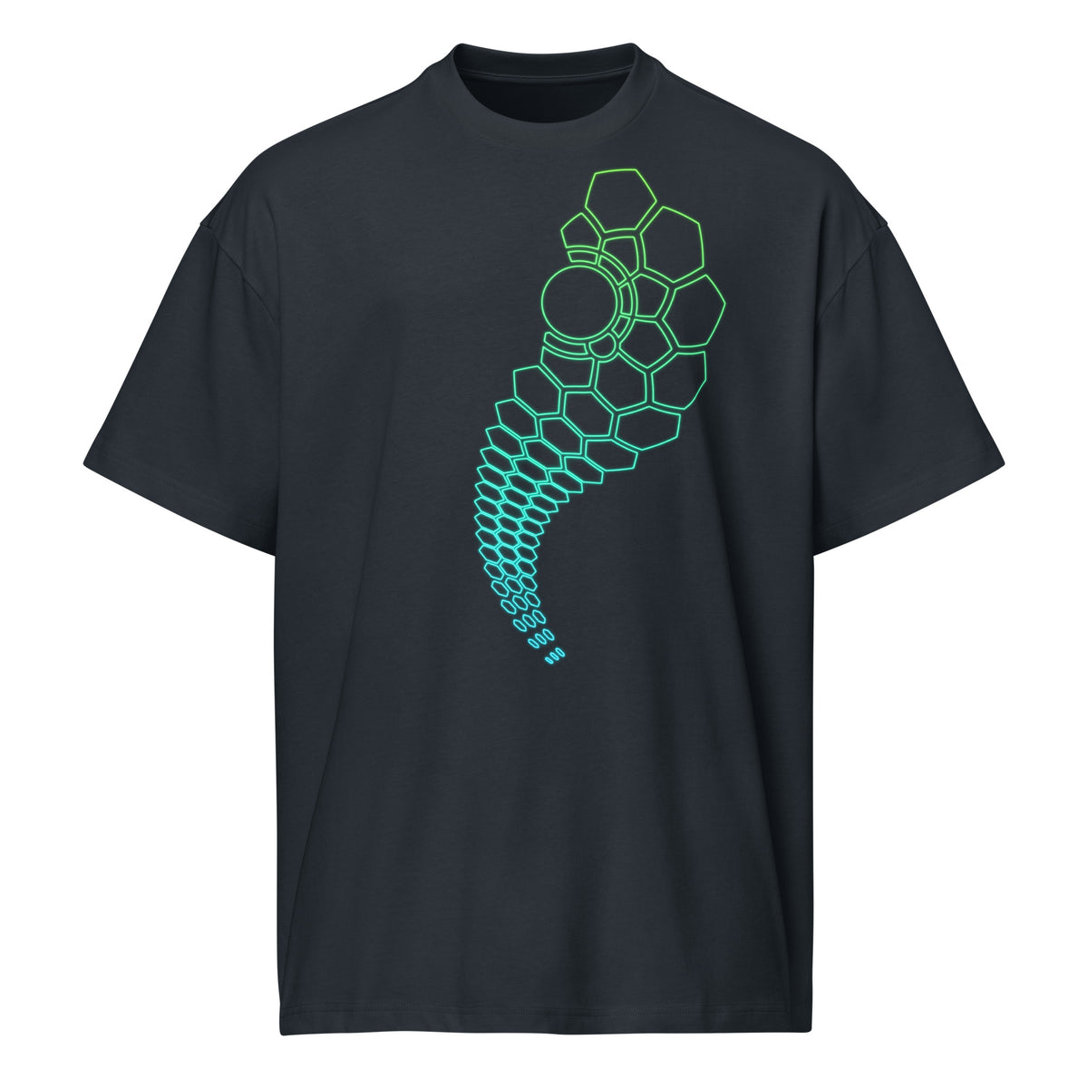 Hexa V2 cotton box t-shirt in Navy Blazer, front view: trail of hexagon outlines from the left chest, green to turquoise