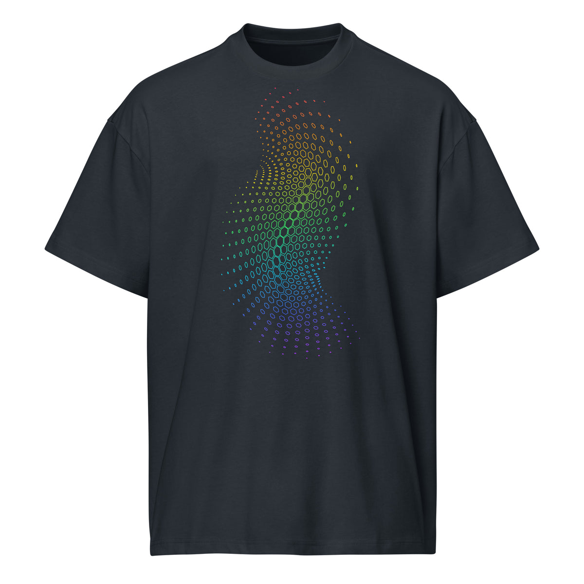 Birth cotton box t-shirt in Navy Blazer, front view: outlined hexagon field running from red at the top to violet