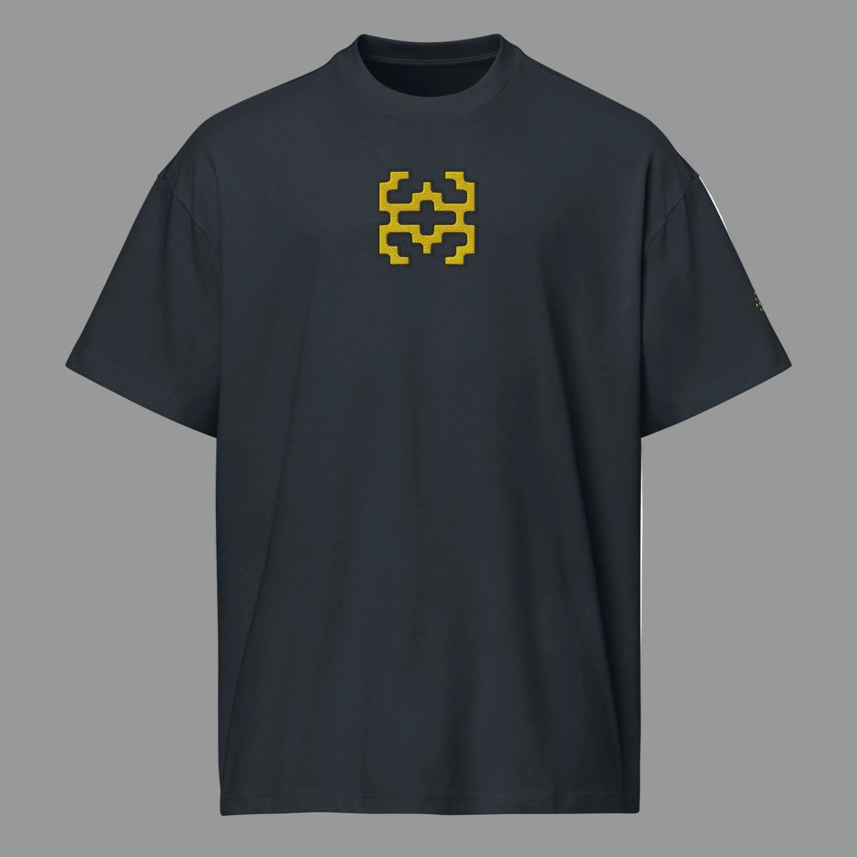 Invaders embroidered box tee in Navy Blazer, front view: golden yellow stepped figure with a black outline, centre chest