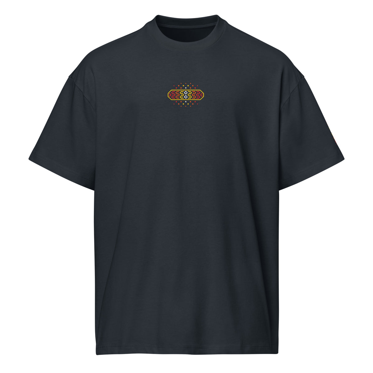 Invaders 2 embroidered box tee in Navy Blazer, front view: small red, orange, yellow and white badge in a yellow frame