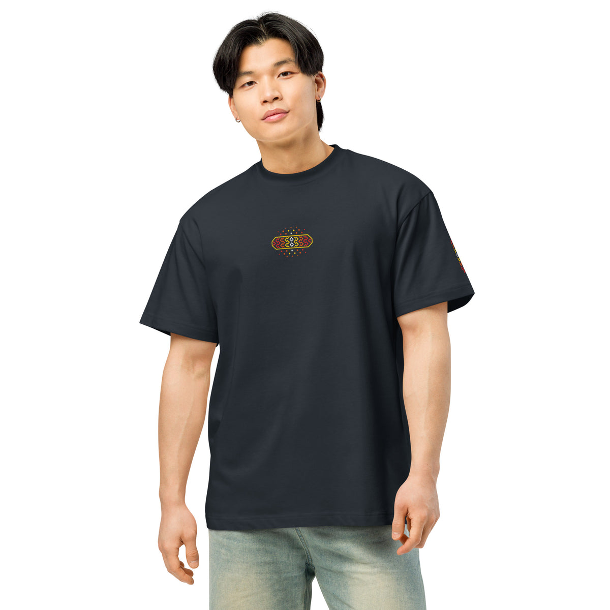 Invaders 2 embroidered box tee in Navy Blazer, front on a person: small multicolour badge on the chest, strip on left sleeve