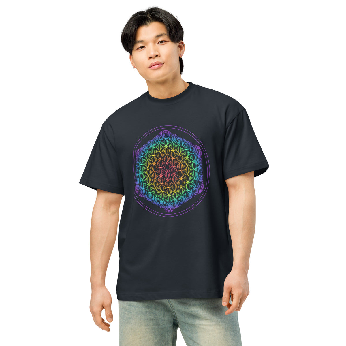 Life of a Flower cotton box t-shirt in Navy Blazer, front view on a model: rainbow flower of life print on the chest