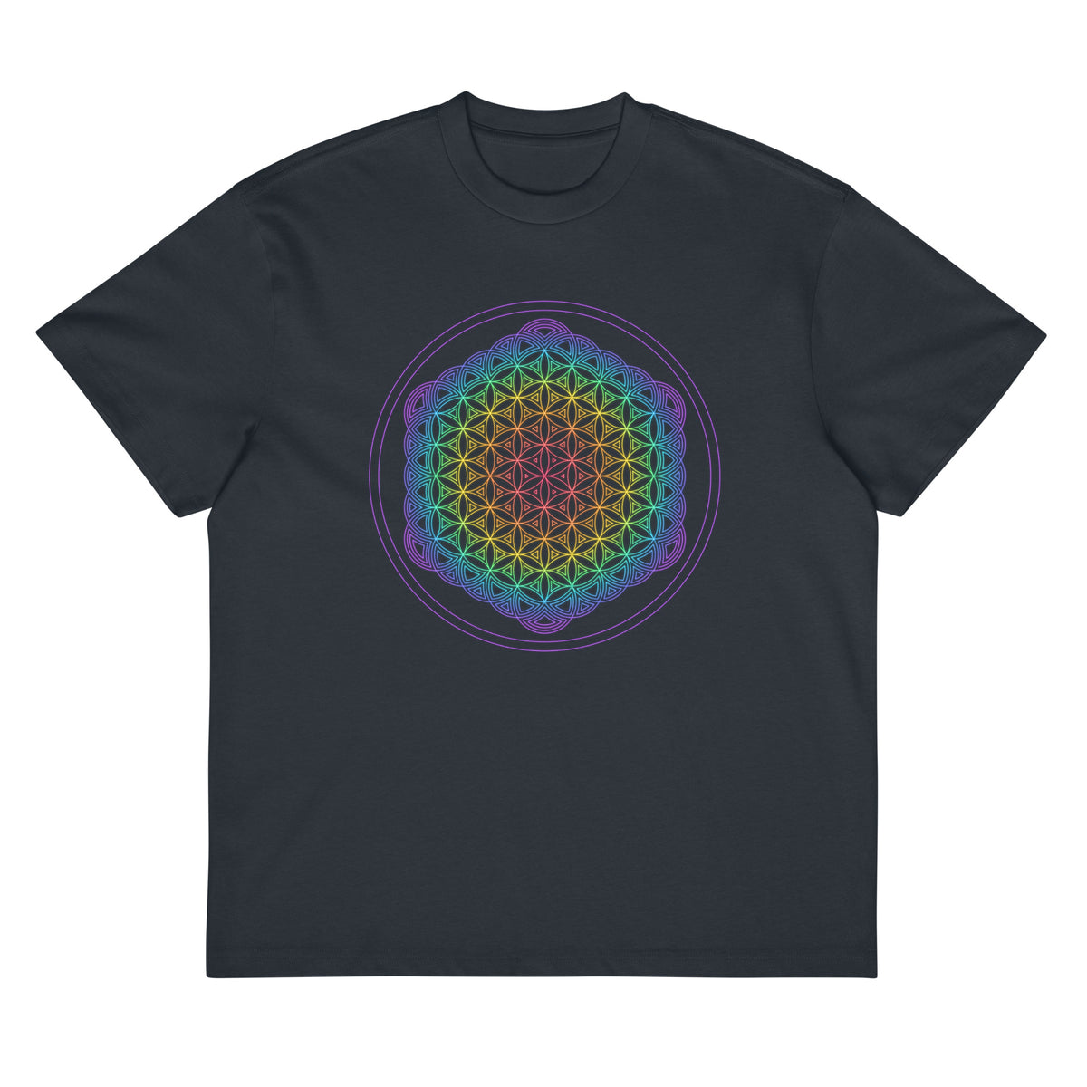 Life of a Flower cotton box t-shirt in Navy Blazer, flat front view: rainbow flower of life inside two violet circles
