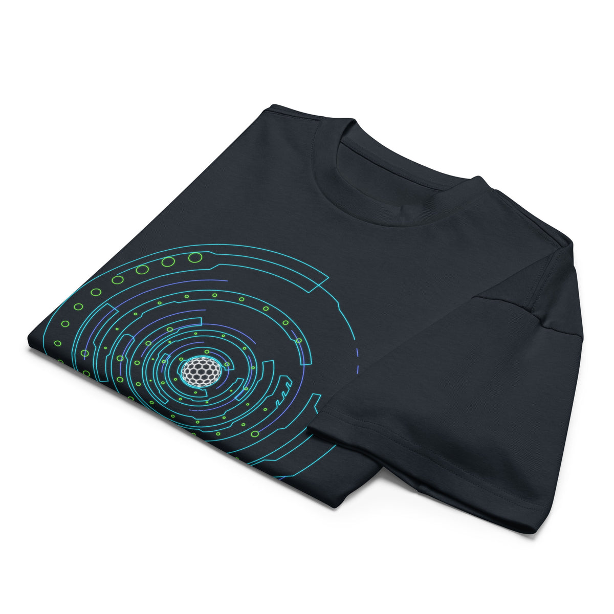 Hex Core cotton box t-shirt in Navy Blazer, folded: part of the ring print with the white hexagon sphere