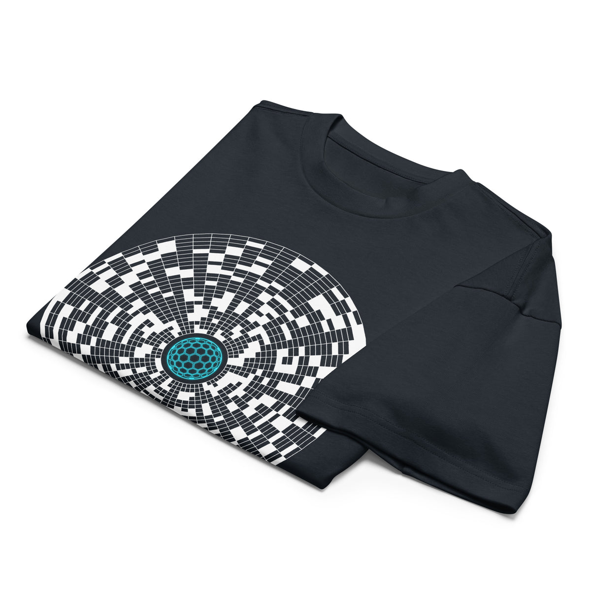 Broken Hex Core cotton box t-shirt in Navy Blazer, folded: the turquoise hexagon sphere and part of the white cell disc