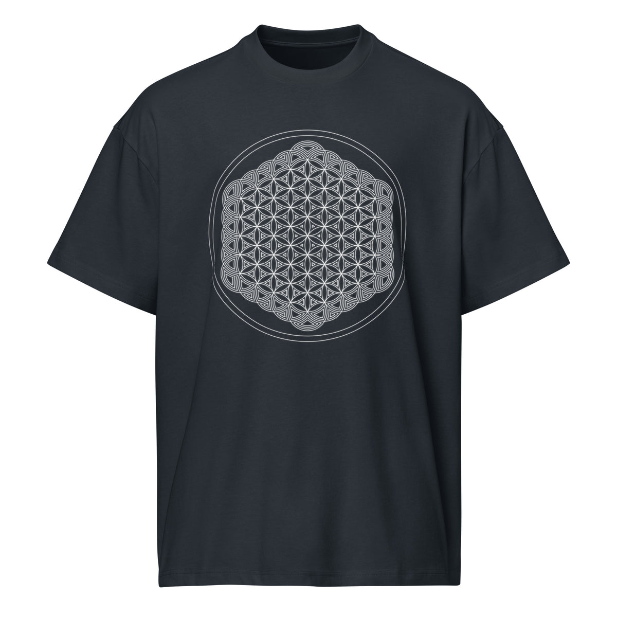 Life of a Flower B&W cotton box t-shirt in Navy Blazer, front view: white flower of life pattern inside two thin circles