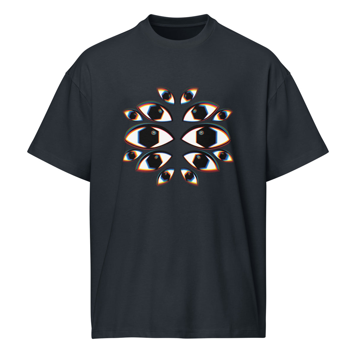 I See You cotton box t-shirt in Navy Blazer, front view: fourteen mirrored eyes with black hexagon pupils on the chest