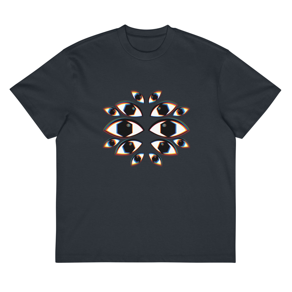 I See You cotton box t-shirt in Navy Blazer, flat front: fourteen mirrored eyes with black hexagon pupils on the chest