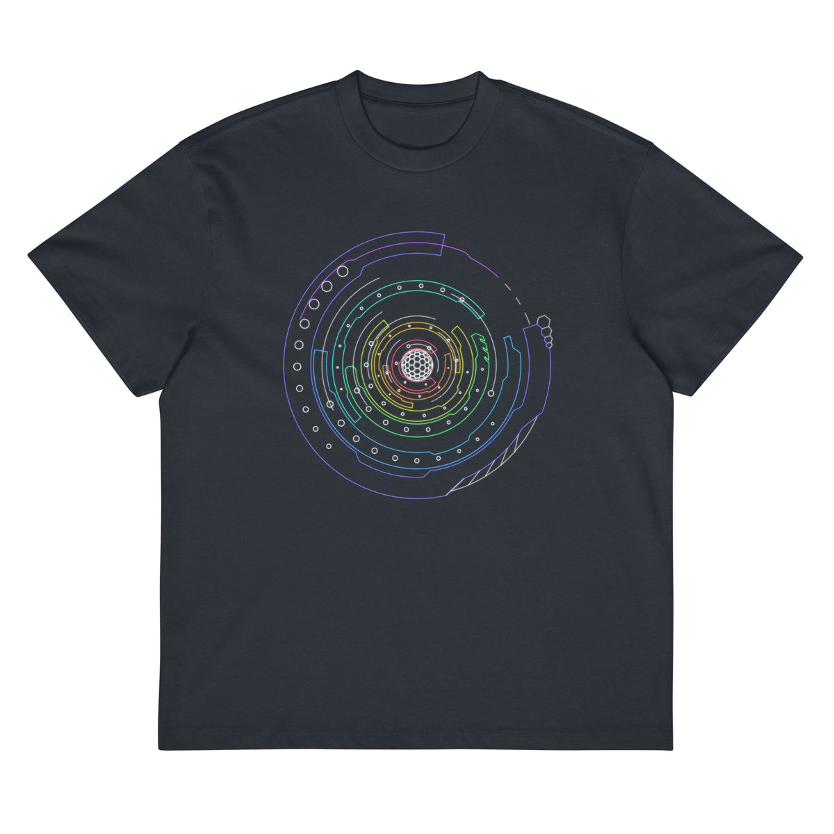 Hex Core Rainbow cotton box t-shirt in Navy Blazer, flat front view: rainbow rings with white dots on the chest