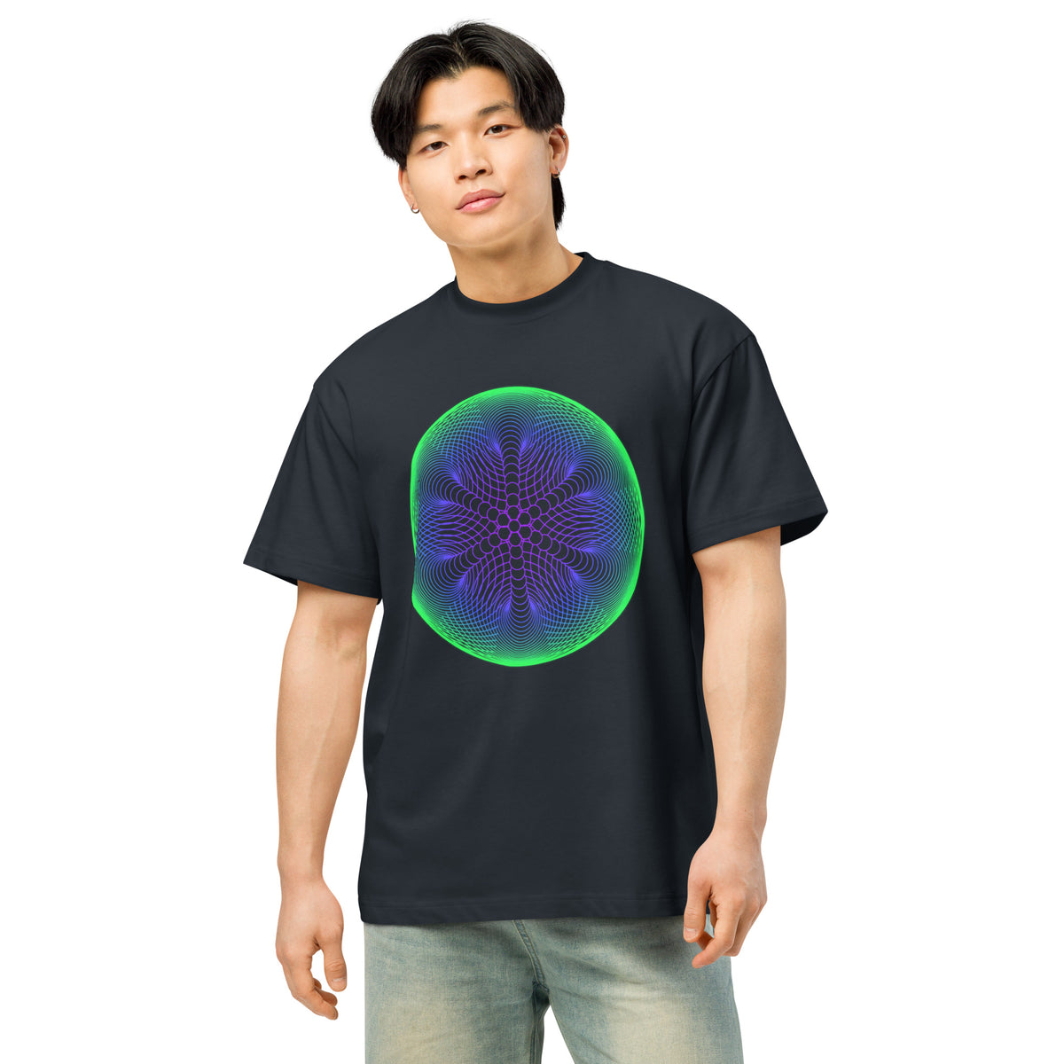 Star Weave cotton box t-shirt in Navy Blazer, front view on a model: green and violet line disc across the chest