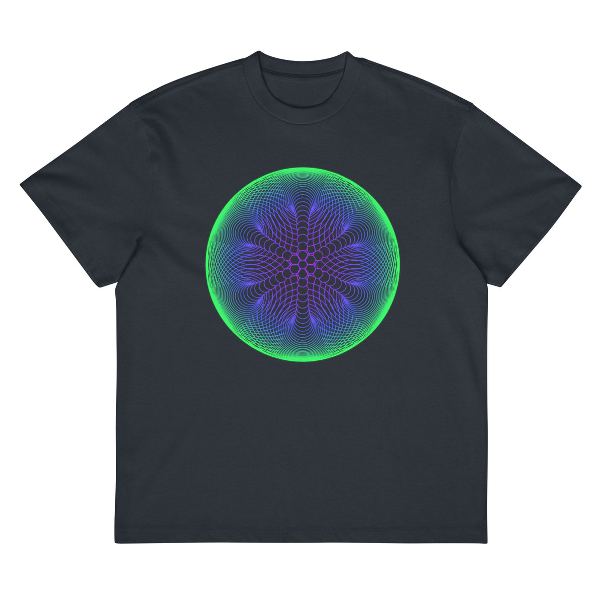 Star Weave cotton box t-shirt in Navy Blazer, flat front view: green rim, blue and violet line circles, six-armed star