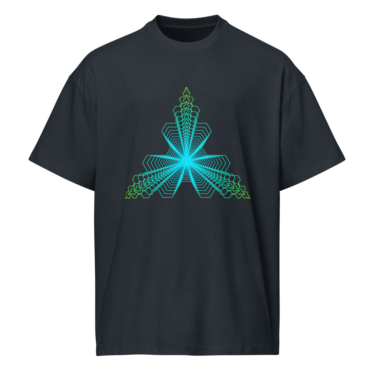 Fractal Triangle cotton box t-shirt in Navy Blazer, front view: hexagon triangle, turquoise centre to lime green corners