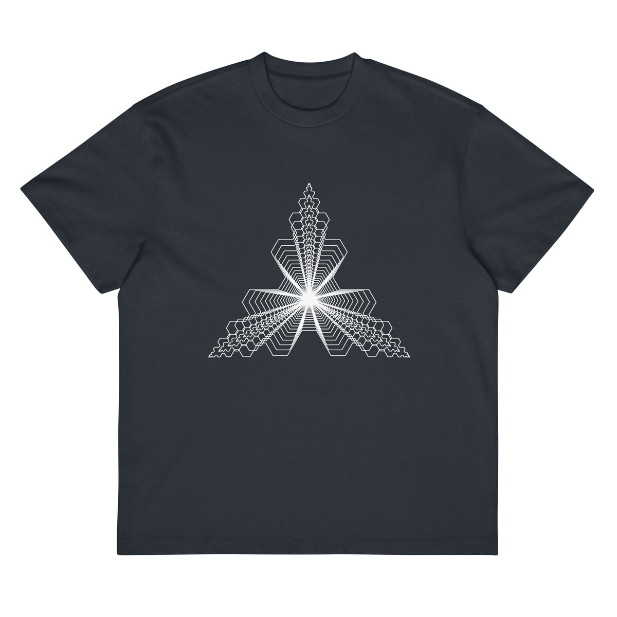 Fractal Triangle B&W cotton box t-shirt in Navy Blazer, flat front: white hexagon triangle on the chest