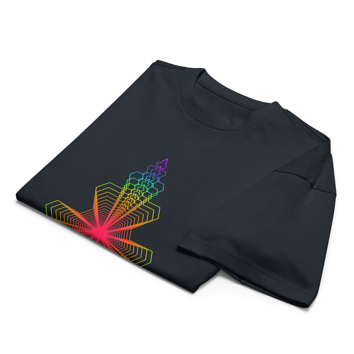 Fractal Triangle Rainbow cotton box t-shirt in Navy Blazer, folded: pink-red centre and the upper hexagon arm