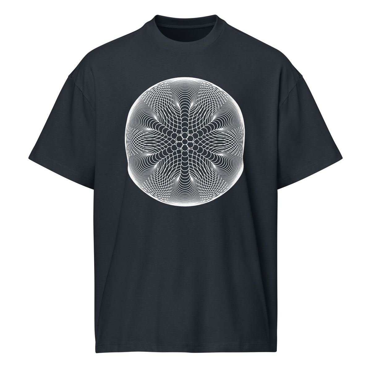 Star Weave B&W cotton box t-shirt in Navy Blazer, front view: white disc of fine line circles with a six-armed star