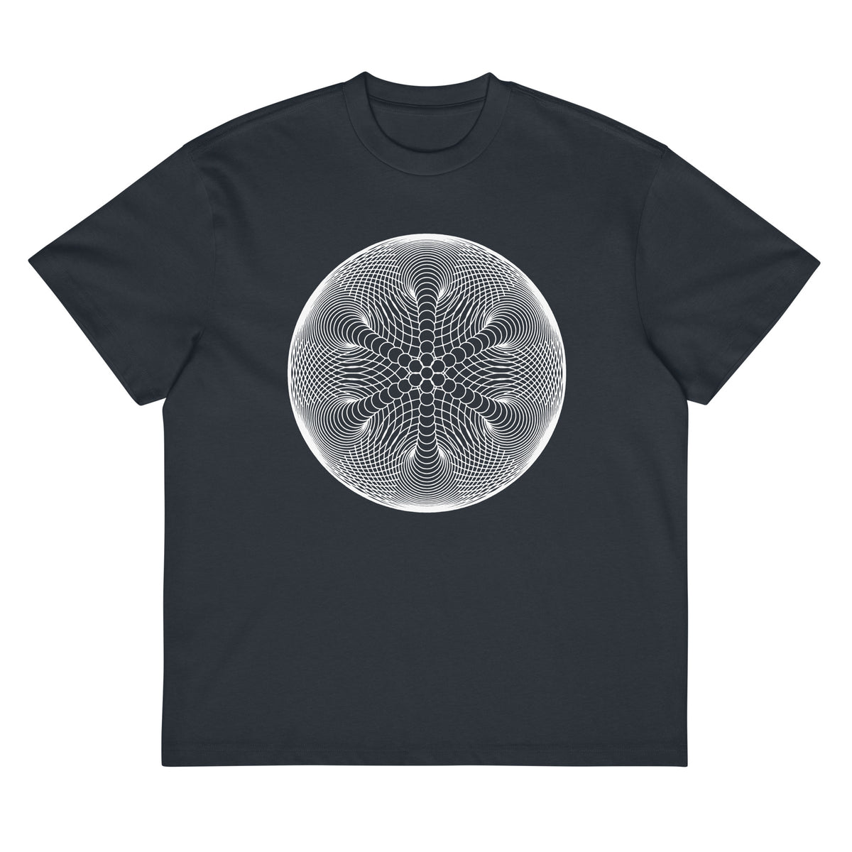 Star Weave B&W cotton box t-shirt in Navy Blazer, flat front view: white disc of line circles with a six-armed star