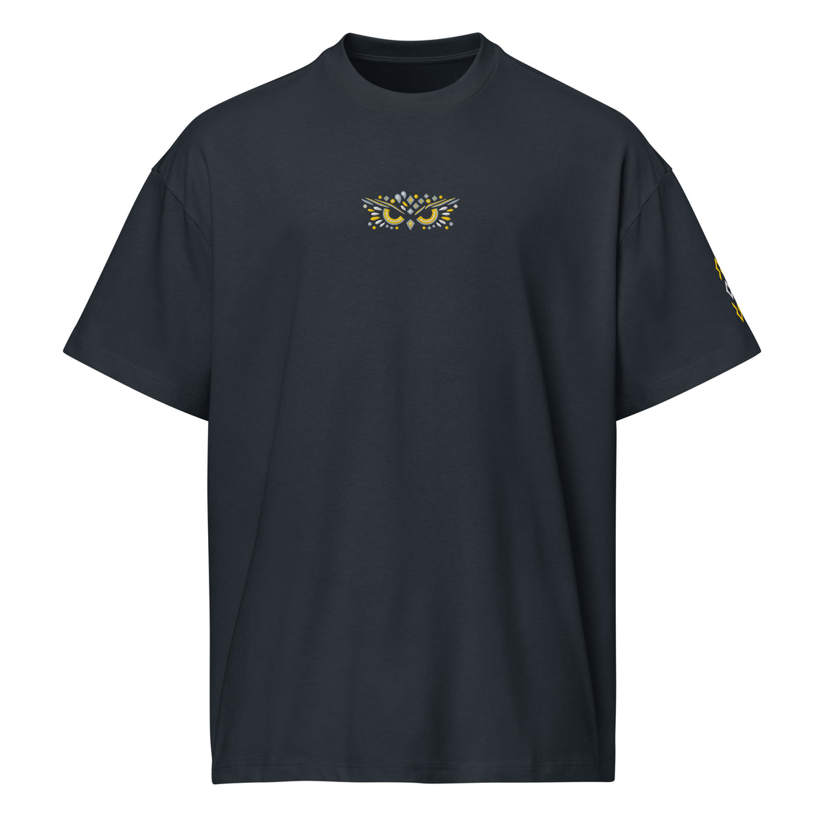 Owl embroidered box tee in Navy Blazer, front view: yellow, white and grey owl face on the chest, mark on the left sleeve