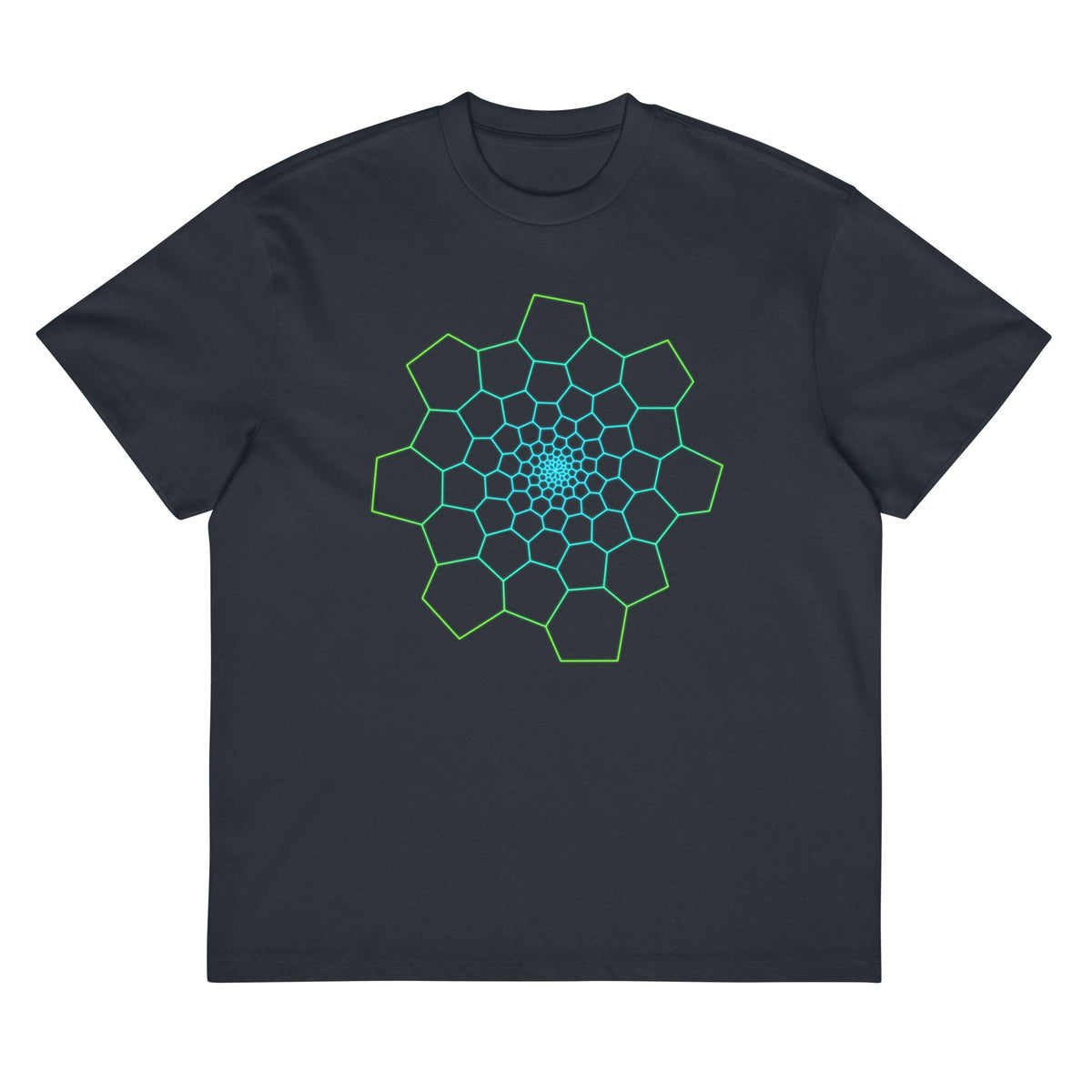 Fibonacci Sequence 1 cotton box t-shirt in Navy Blazer, front view: green and cyan spiral of cells on the chest
