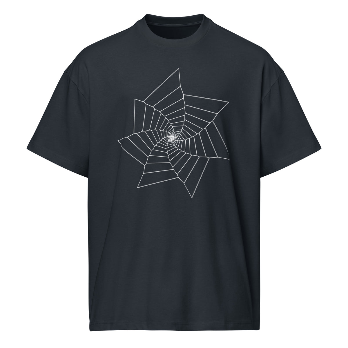Fibonacci Sequence 2 B&W cotton box t-shirt in Navy Blazer, front view: white star-shaped spiral of lines on the chest