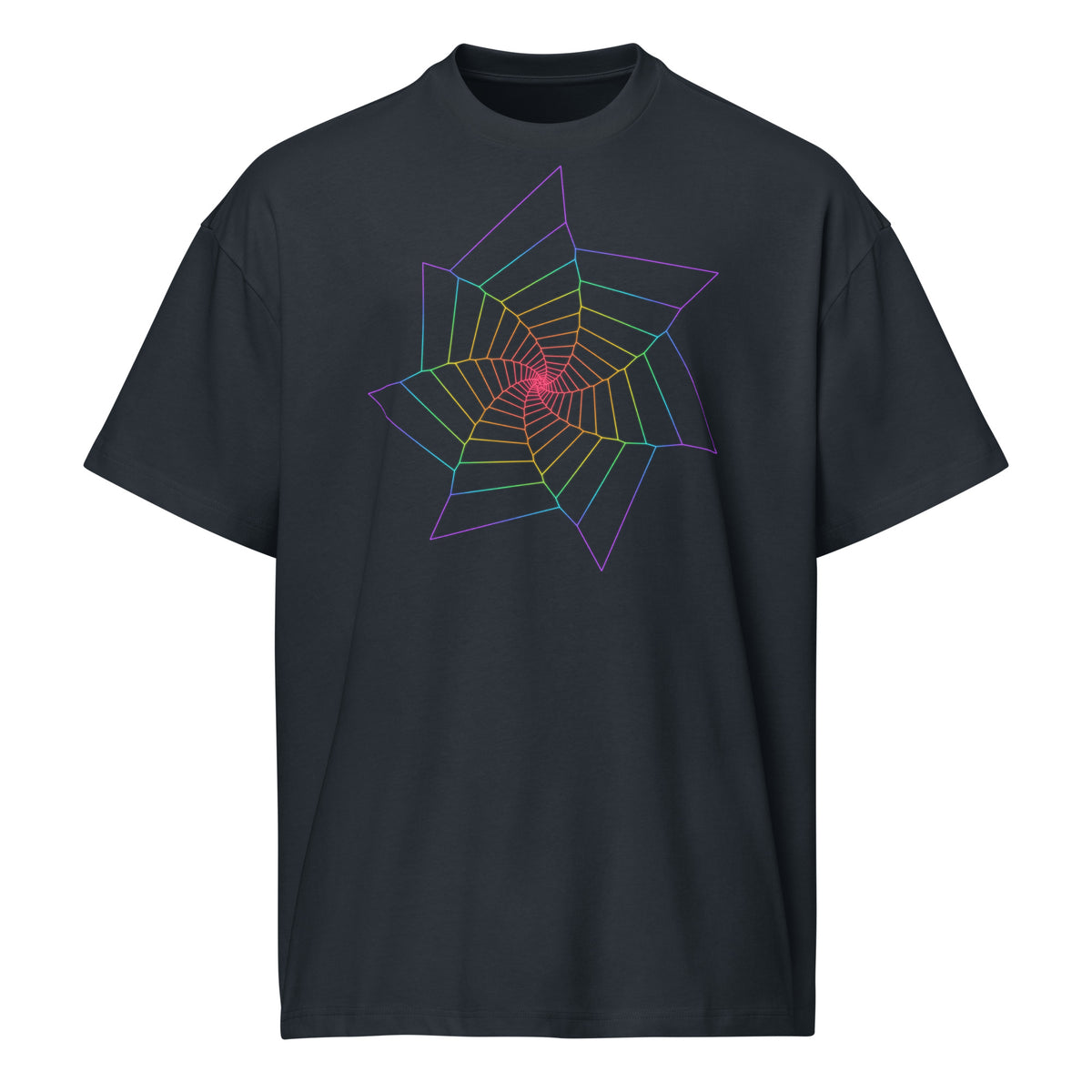 Fibonacci Sequence 2 Rainbow cotton box t-shirt in Navy Blazer, front view: rainbow star spiral on the chest