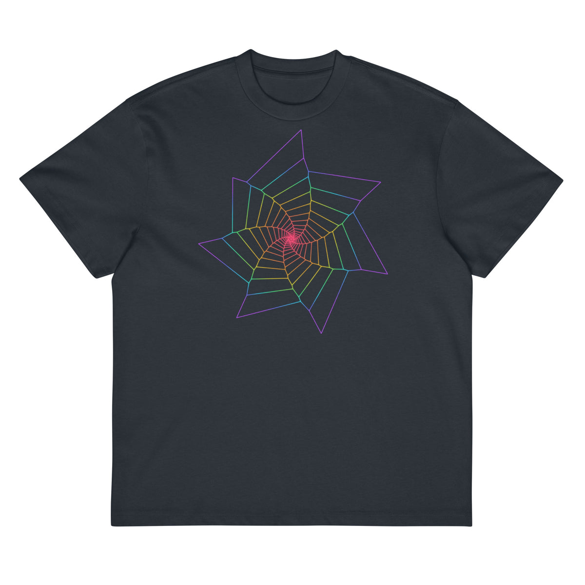 Fibonacci Sequence 2 Rainbow cotton box t-shirt in Navy Blazer, front view: rainbow star spiral on the chest
