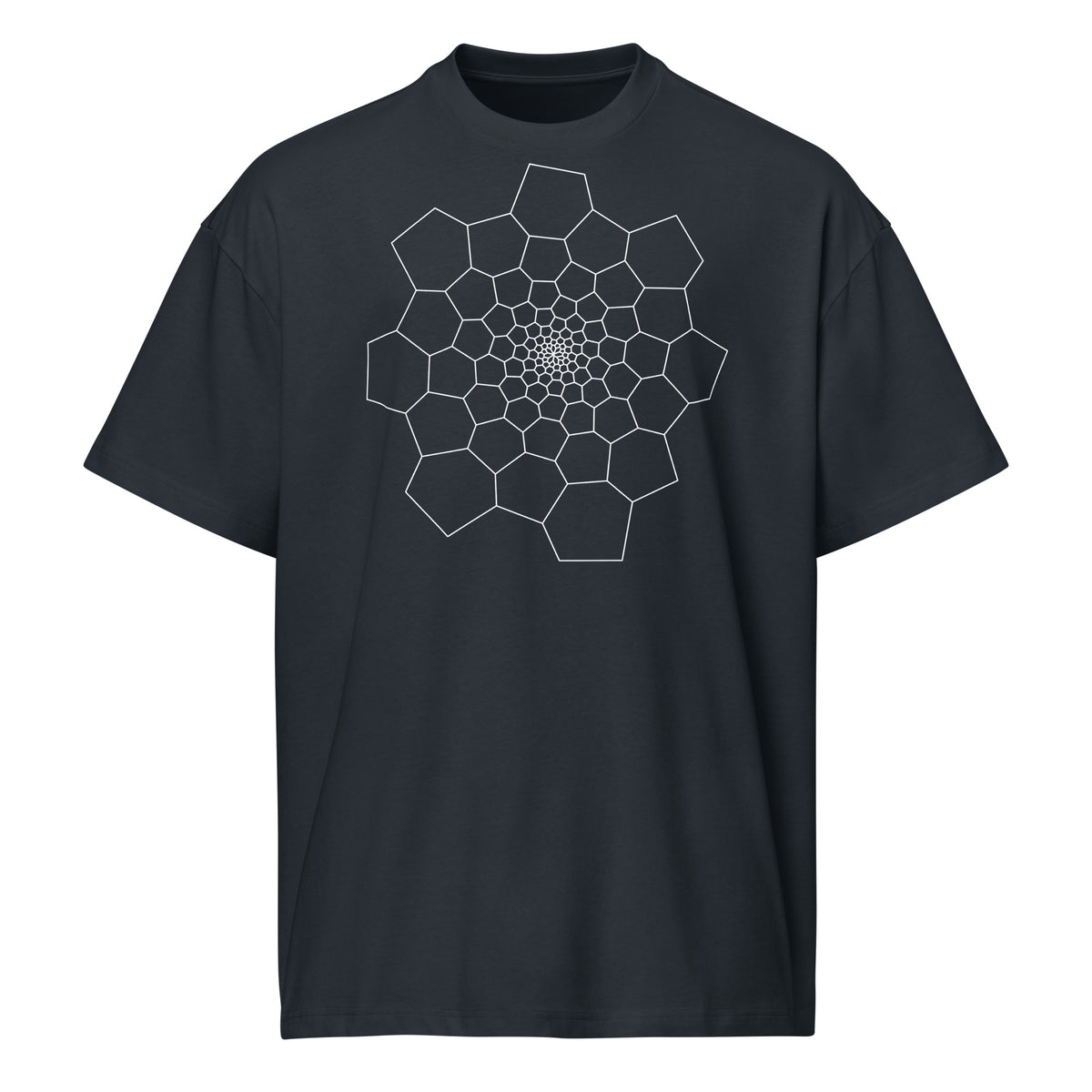Fibonacci Sequence 1 B&W cotton box t-shirt in Navy Blazer, front view: white spiral of cells on the chest