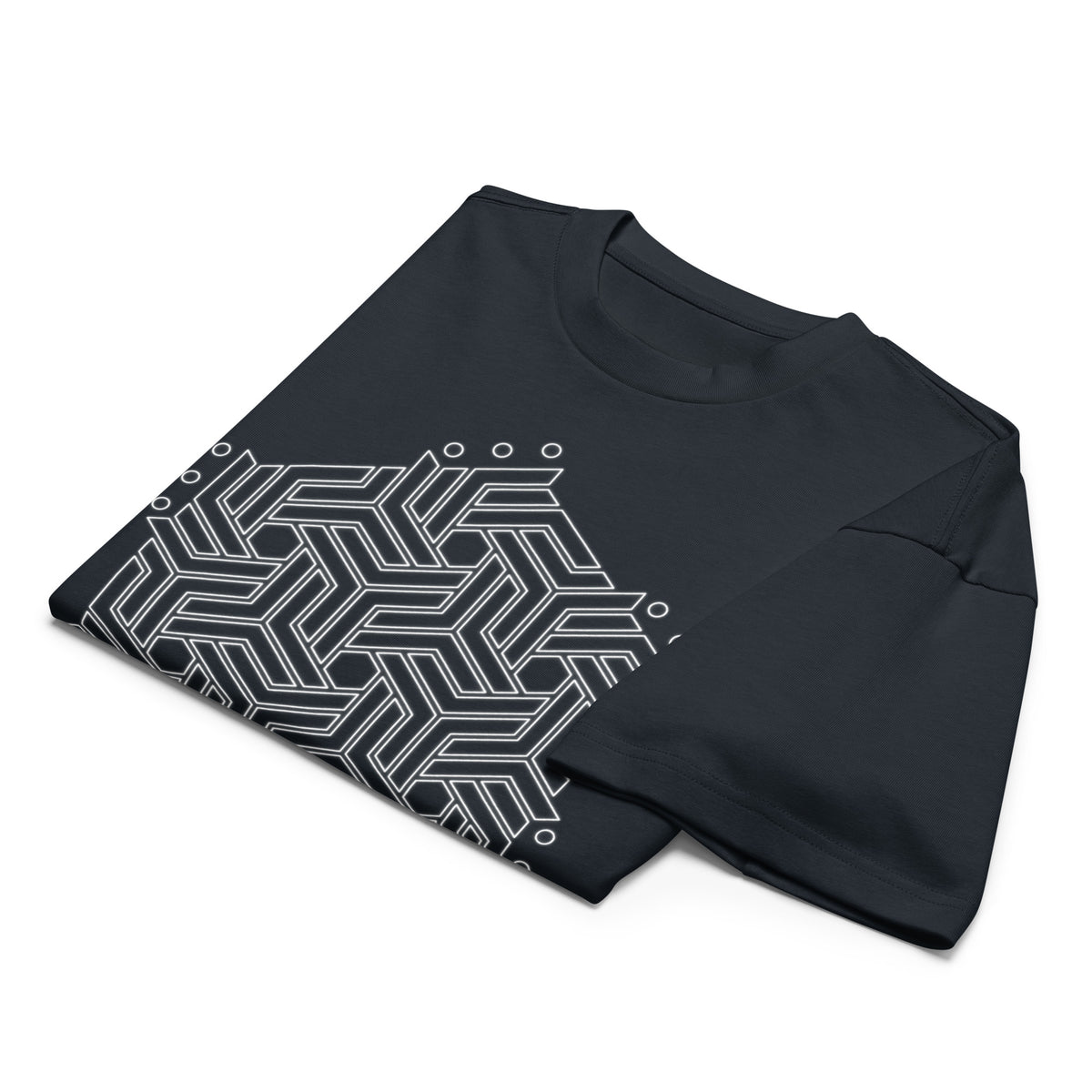 GeoTron B&W cotton box t-shirt in Navy Blazer, folded: white hexagon of interlocking chevrons