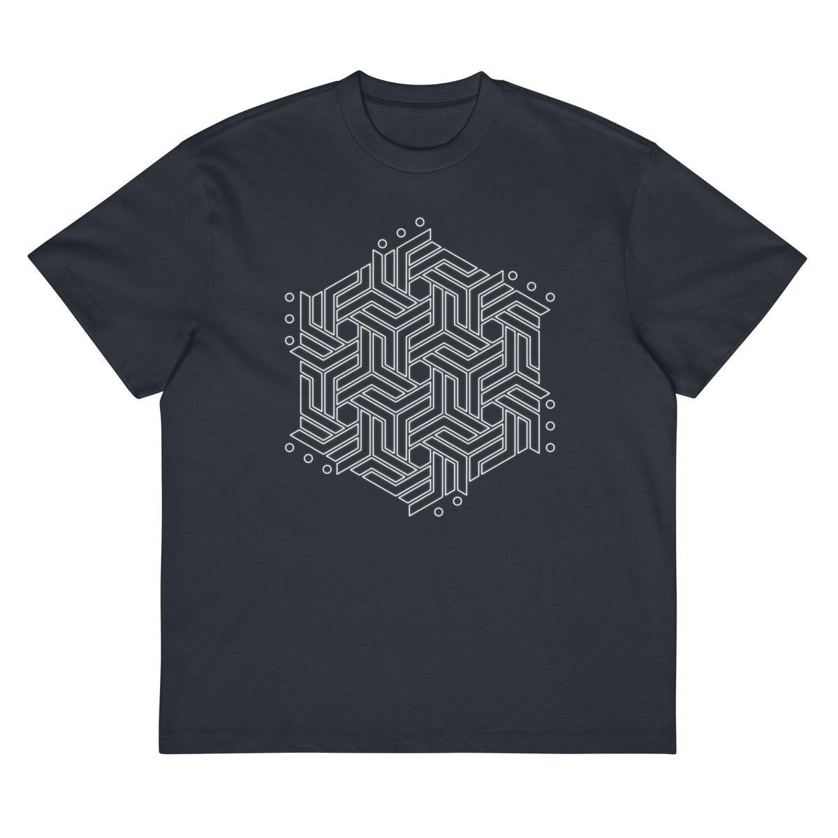 GeoTron B&W cotton box t-shirt in Navy Blazer, front view: white hexagon of interlocking chevrons on the chest
