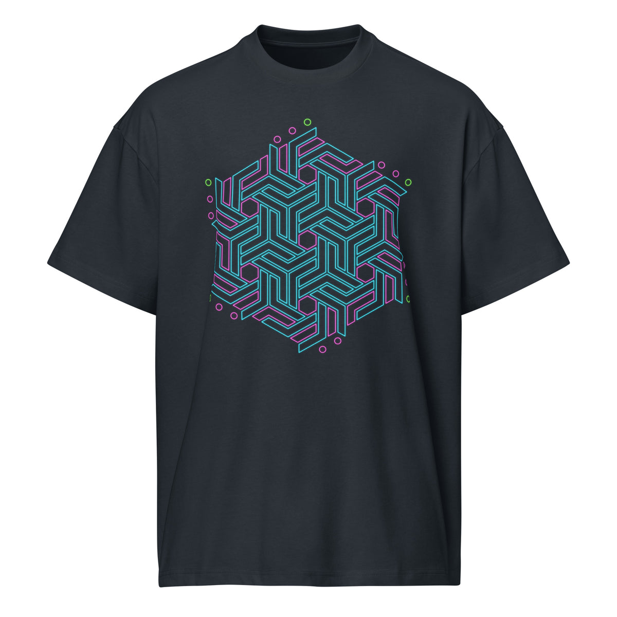GeoTron Turquoise cotton box t-shirt in Navy Blazer, front view: turquoise chevron hexagon on the chest