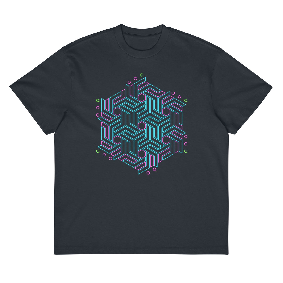 GeoTron Turquoise cotton box t-shirt in Navy Blazer, front view: turquoise chevron hexagon on the chest