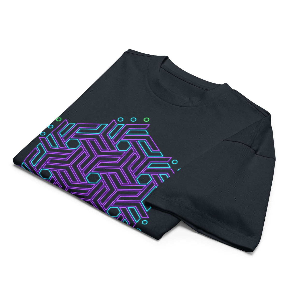 GeoTron Violet cotton box t-shirt in Navy Blazer, folded: violet and blue hexagon of interlocking chevrons