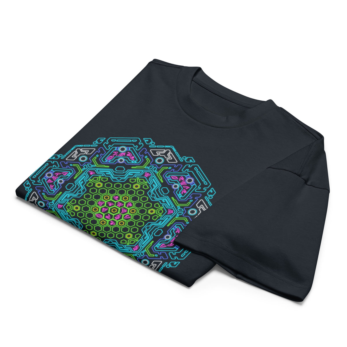 Neural Program Turquoise cotton box t-shirt in Navy Blazer, folded: green honeycomb star wrapped in turquoise circuit bands