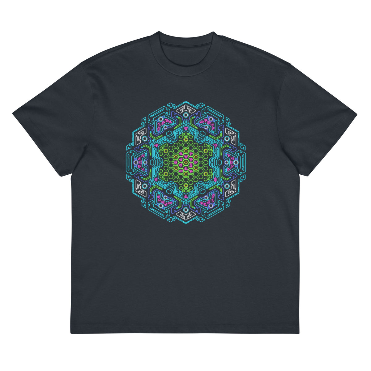 Neural Program Turquoise cotton box t-shirt in Navy Blazer, front view: green and turquoise mandala on the chest
