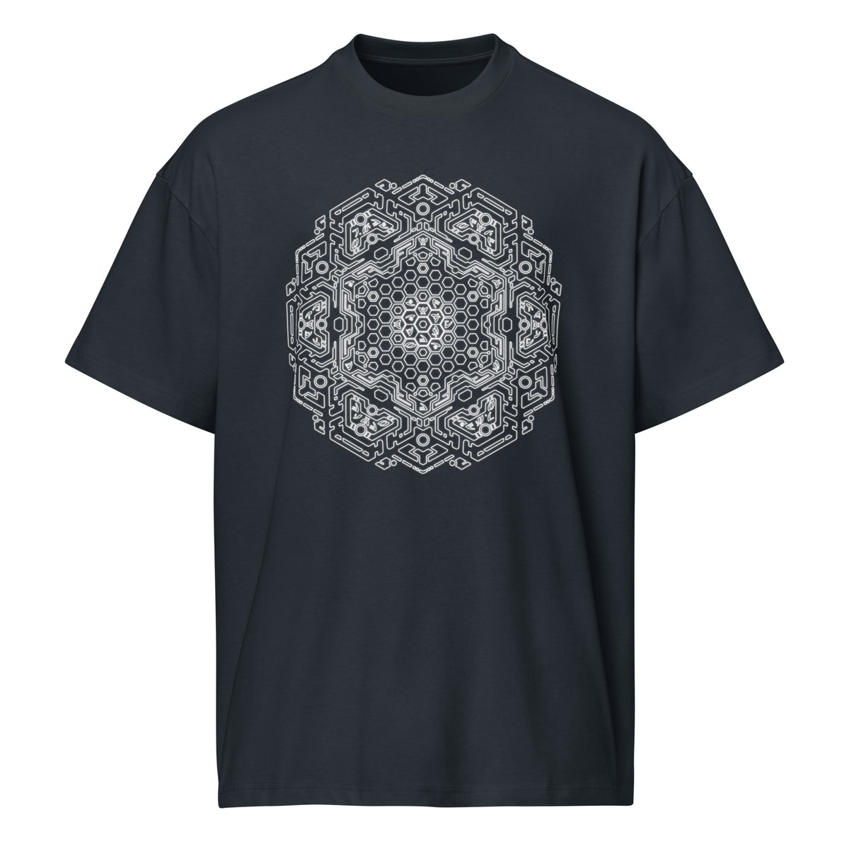 Neural Program B&W cotton box t-shirt in Navy Blazer, front view: white honeycomb star wrapped in circuit lines on the chest