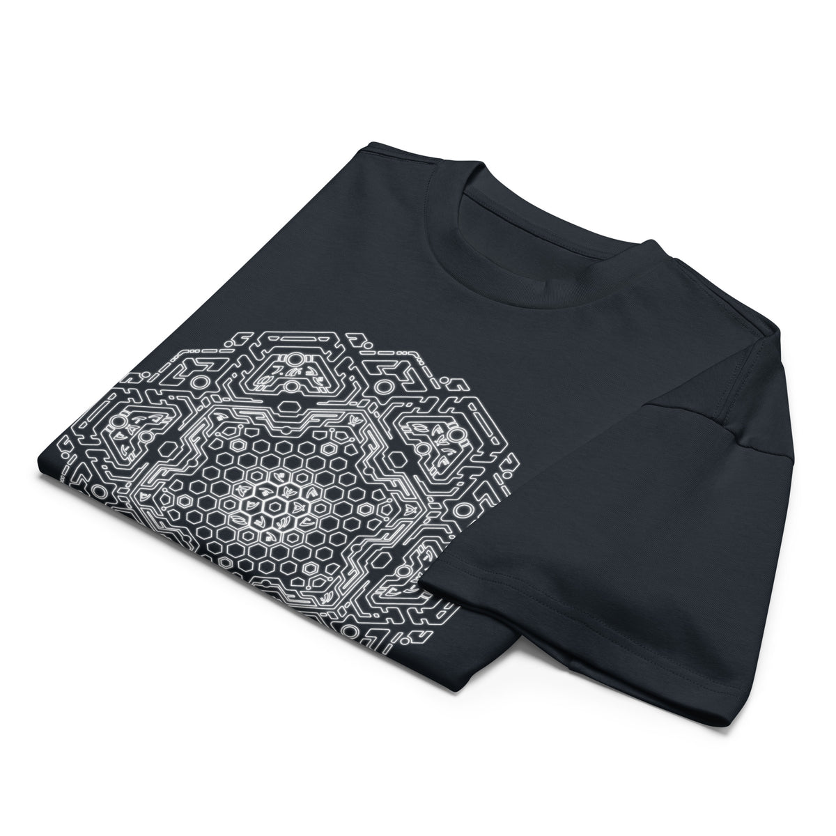 Neural Program B&W cotton box t-shirt in Navy Blazer, folded: white honeycomb star wrapped in circuit lines
