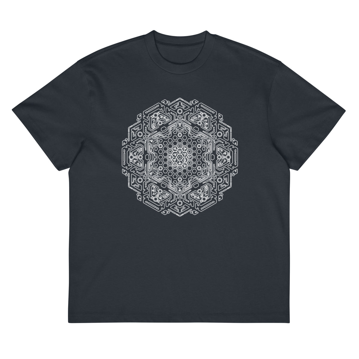 Neural Program B&W cotton box t-shirt in Navy Blazer, front view: white honeycomb star wrapped in circuit lines on the chest