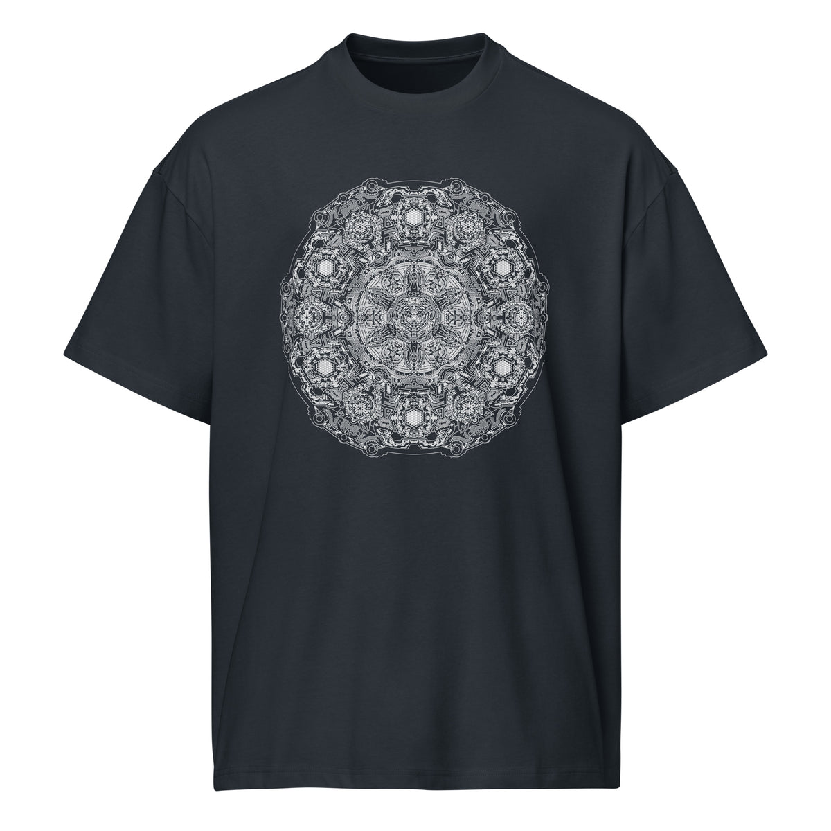 Stargate Origin B&W cotton box t-shirt in Navy Blazer, front view: round white mandala on the chest